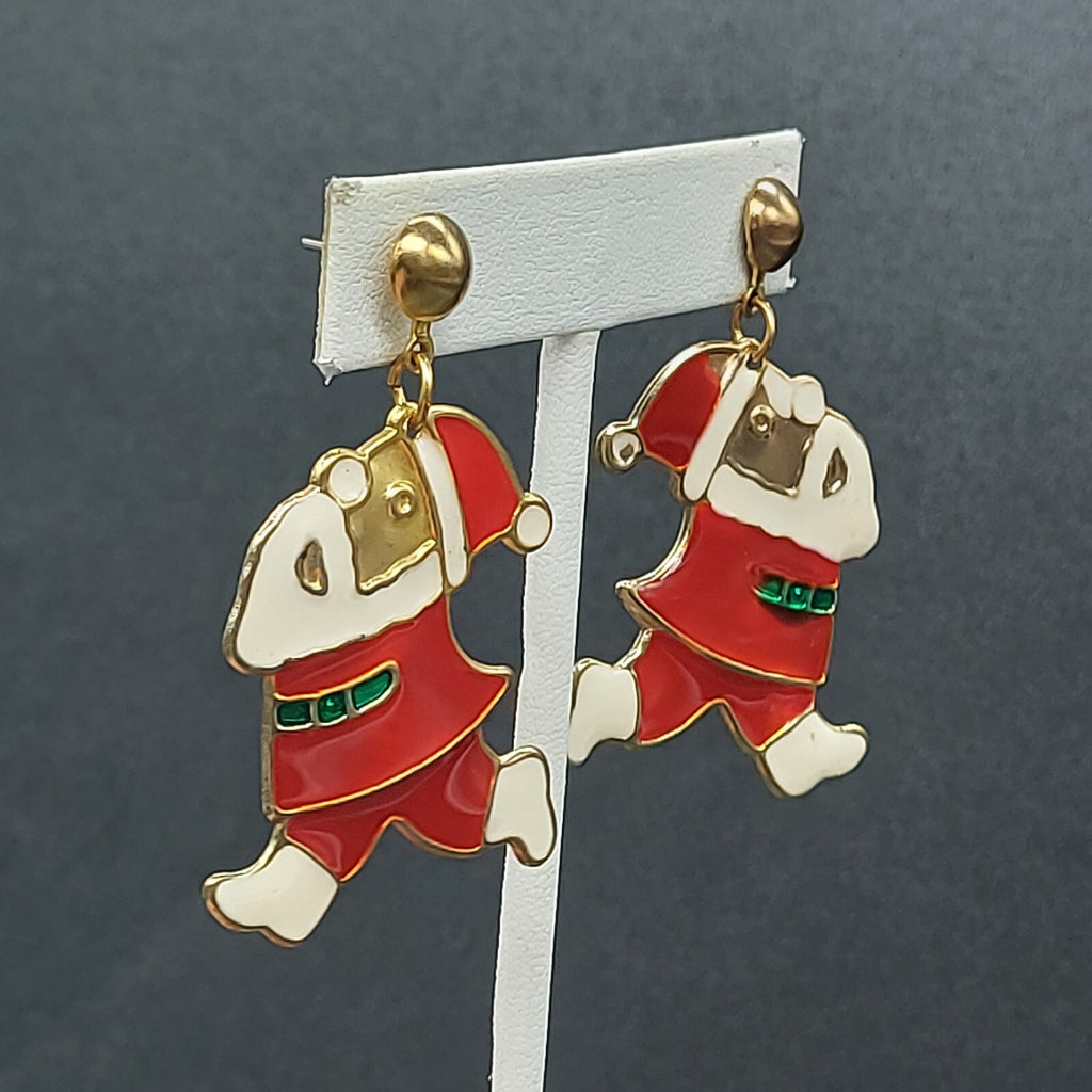 Christmas Pierced Earrings Gold tone Red Enamel Santa Claus 1 1/2"