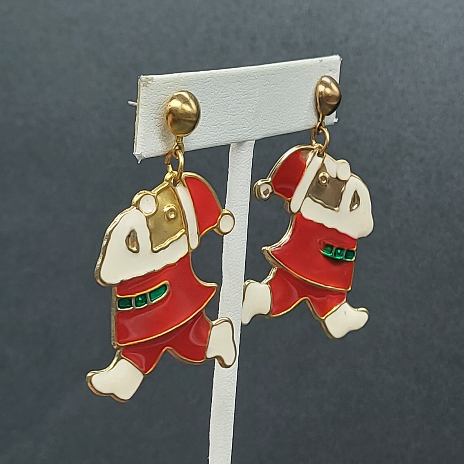 Christmas Pierced Earrings Gold tone Red Enamel Santa Claus 1 1/2"