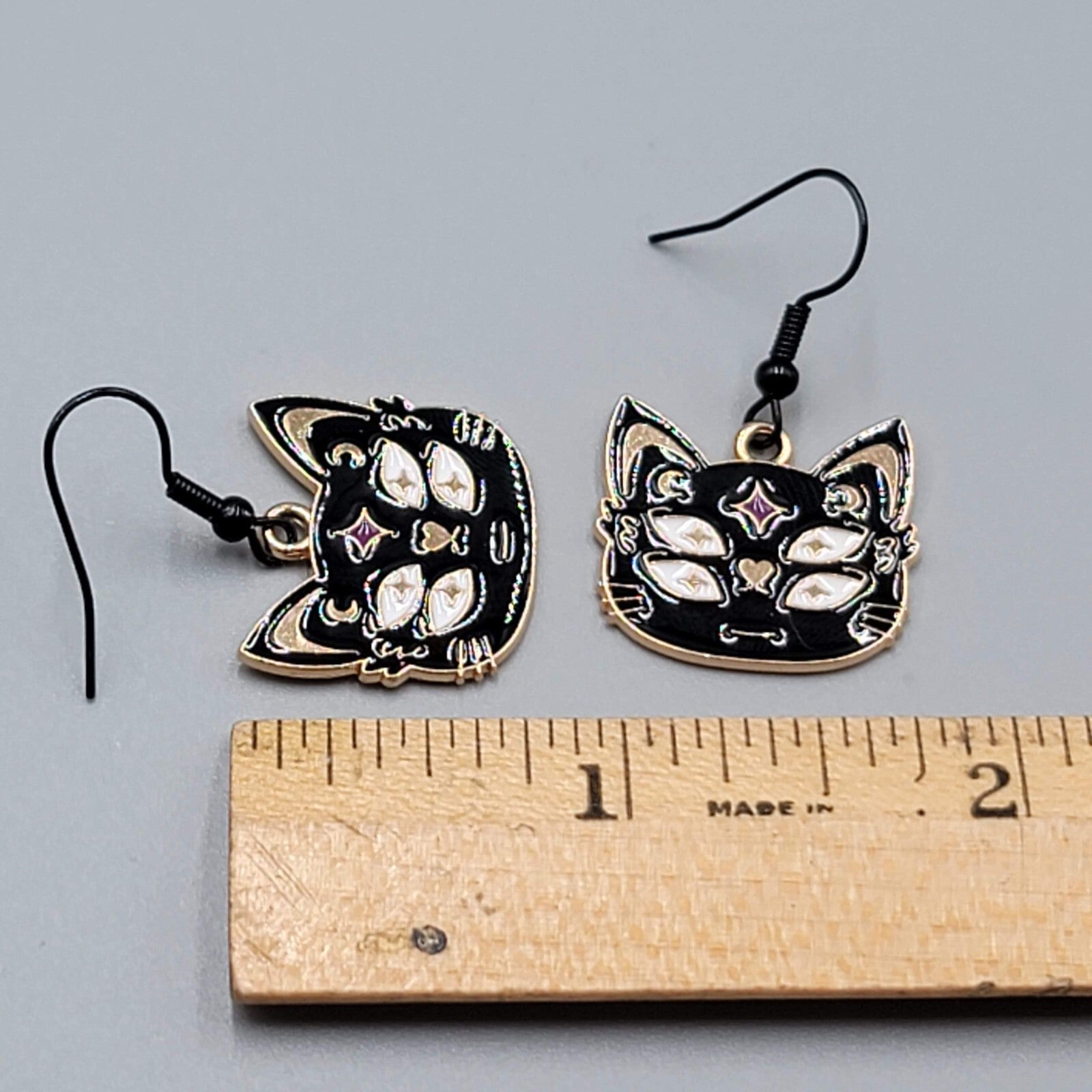 Four Eyed Black Cat Pierced Earrings Enamel Gold tone Dangle New 