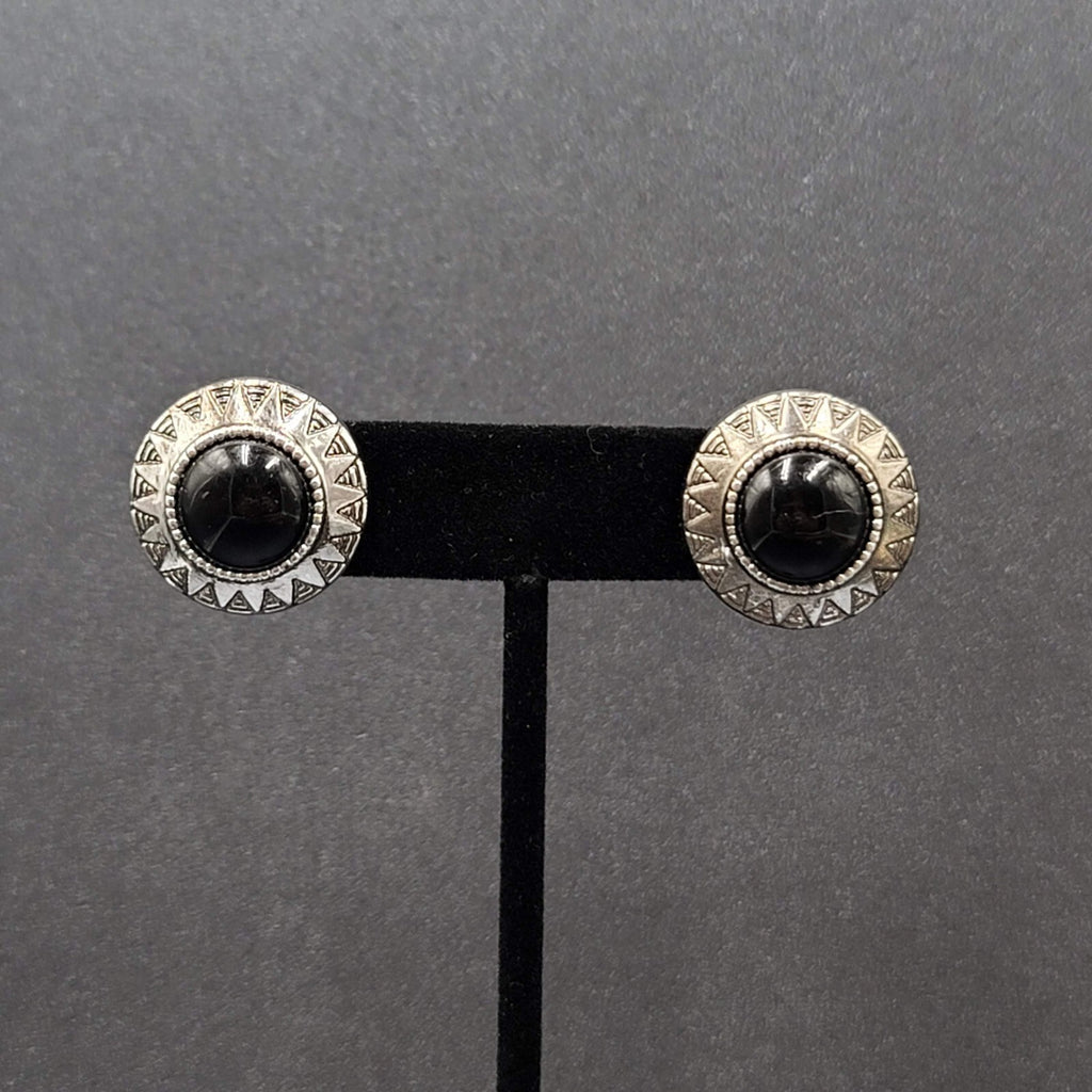 Vintage Pierced Earrings Silver tone Black Acrylic Cabochon Round Studs 1"