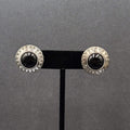 Vintage Pierced Earrings Silver tone Black Acrylic Cabochon Round Studs 1"