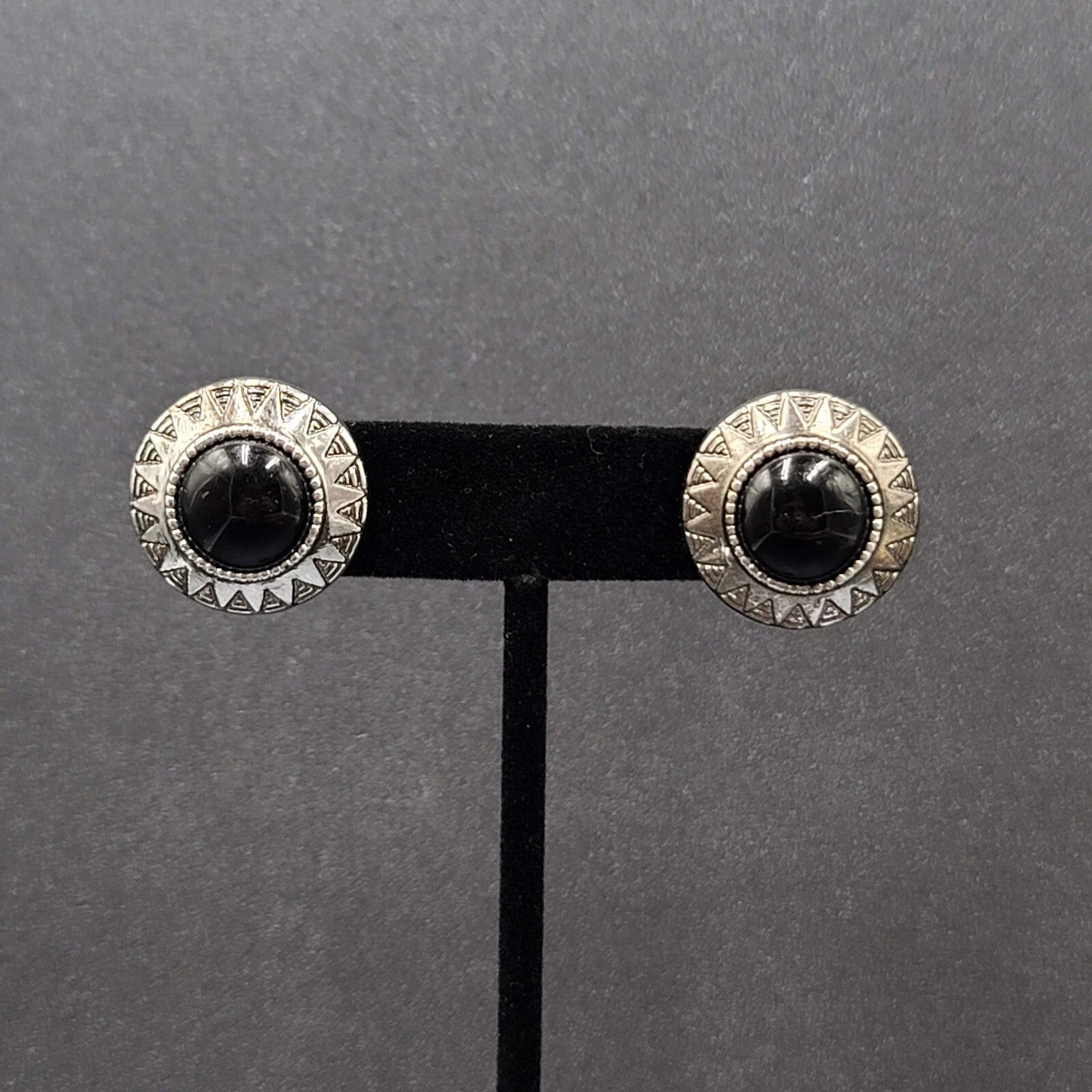Vintage Pierced Earrings Silver tone Black Acrylic Cabochon Round Studs 1"