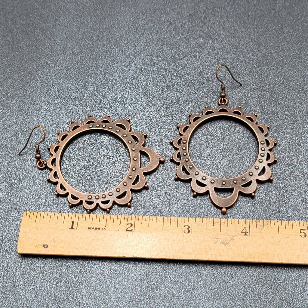 Boho Pierced Earrings Bronze tone Hoop Dangle 2.25"