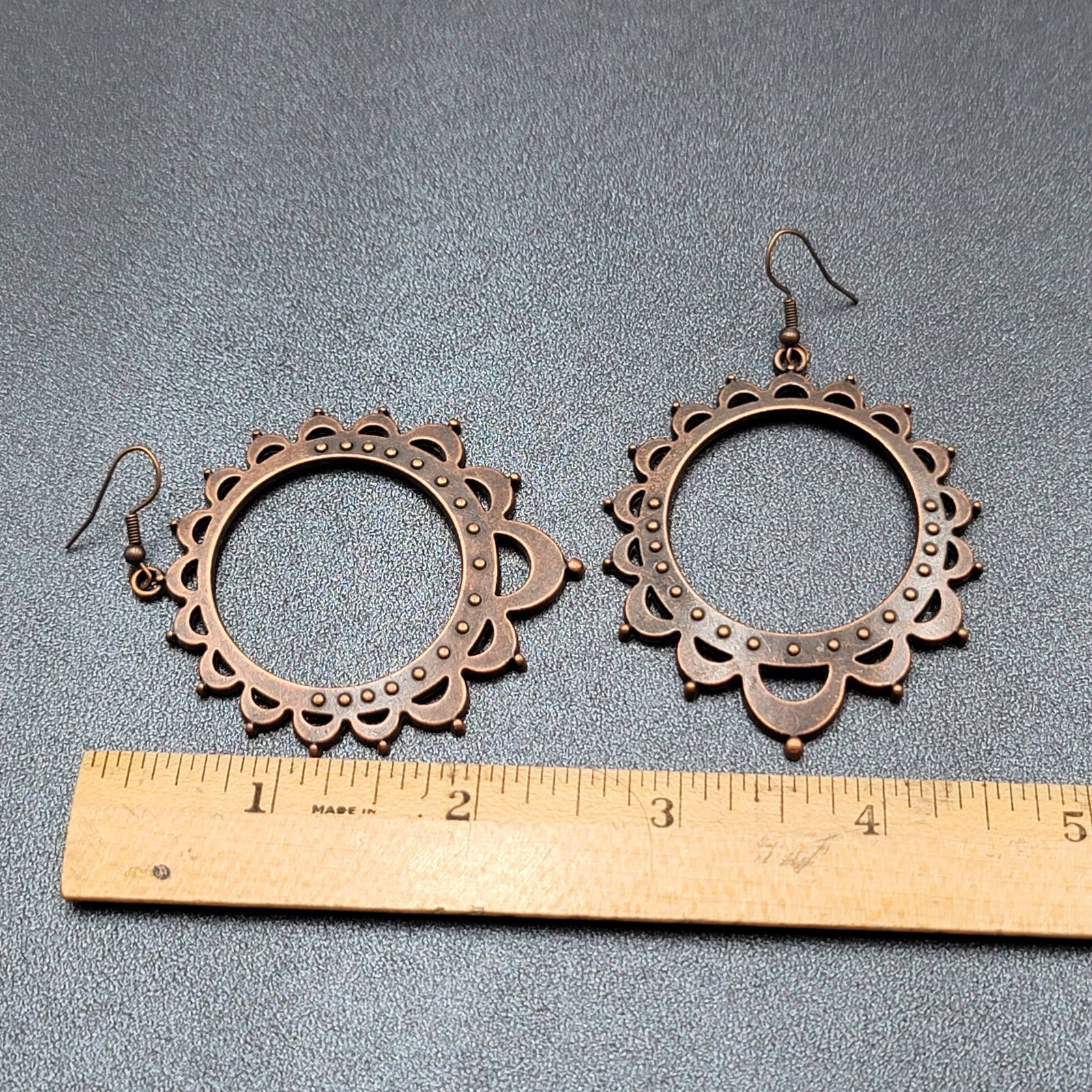Boho Pierced Earrings Bronze tone Hoop Dangle 2.25"