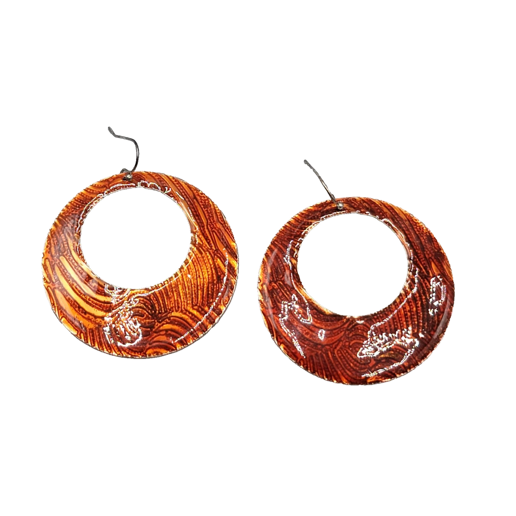 Large Statement Pierced Earrings Silver tone Dangle Orange-Red Enamel 2 in