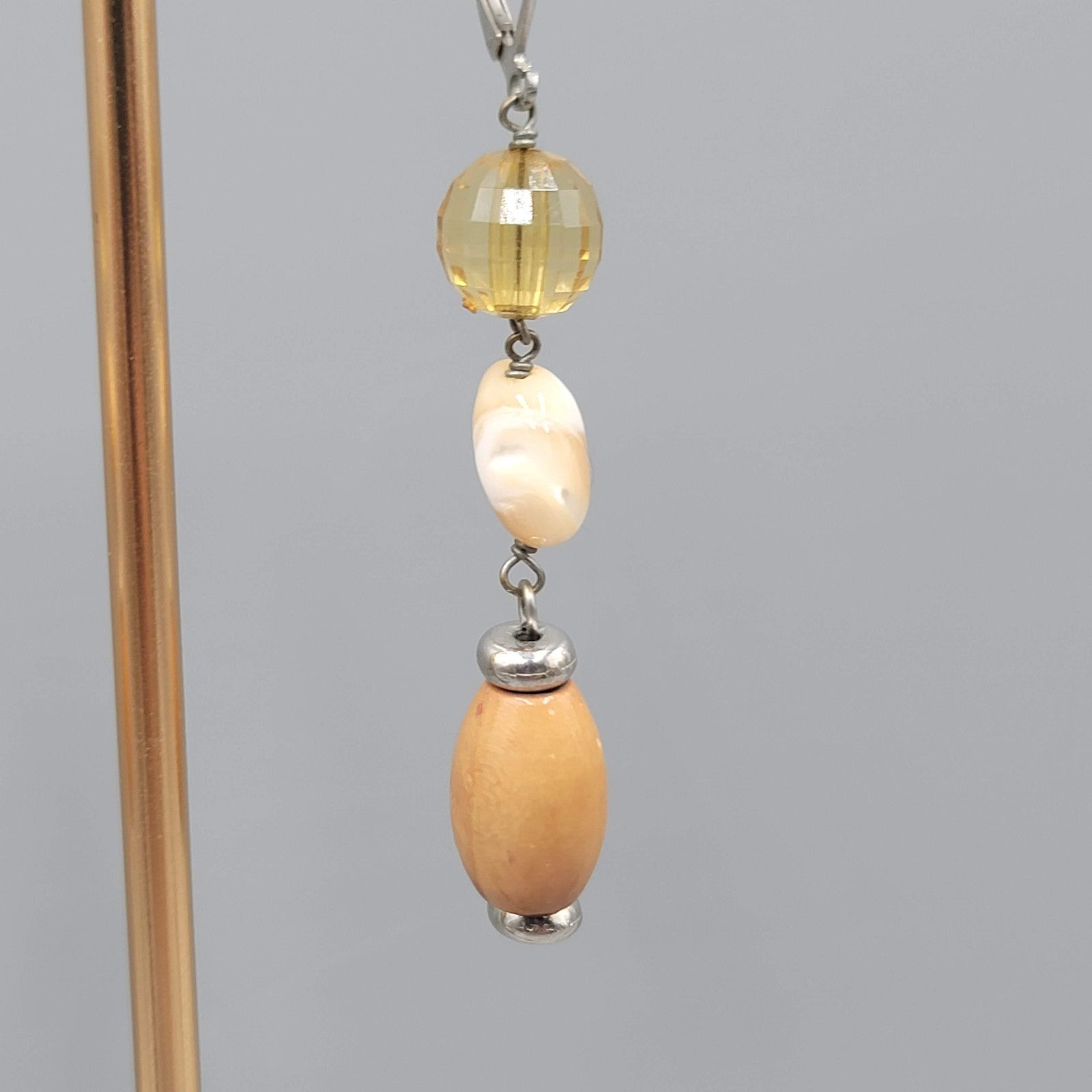 Shell and Wood Bead Pierced Earrings Silver tone Dangle 2 in