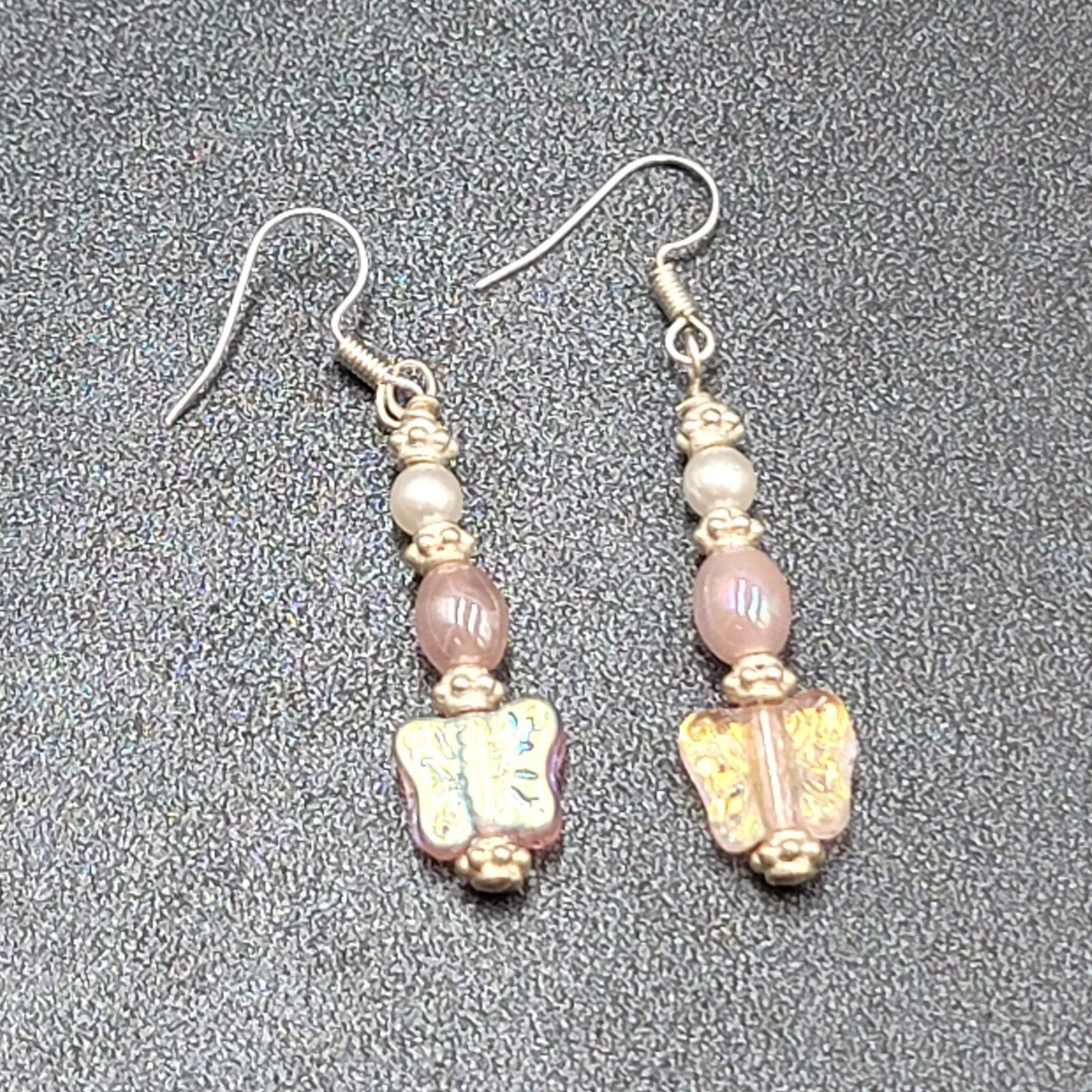New Pierced Earrings Silver tone Iridescent Butterfly Bead Dangle Pink 1.5"