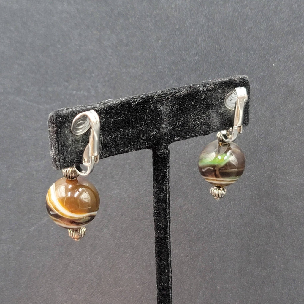 Clip on Earrings Silver tone Slag Glass Marble Bead Dangle 1"