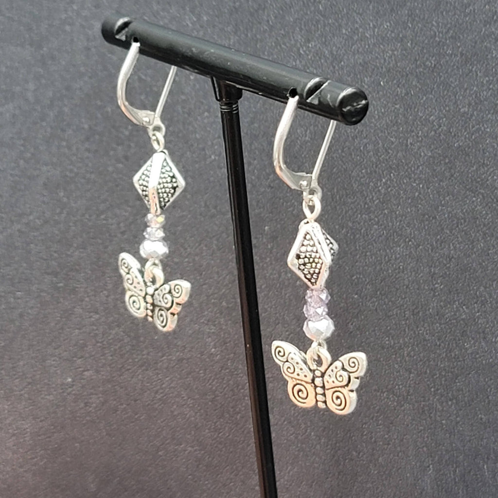 Butterfly Pierced Earrings Silver tone Purple Crystal Bead Dangle 1.25"