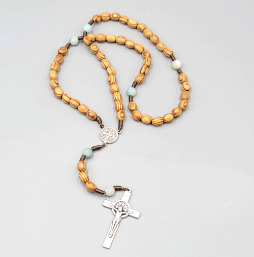 Catholic Rosary Crucifix Wood Beads Silver tone