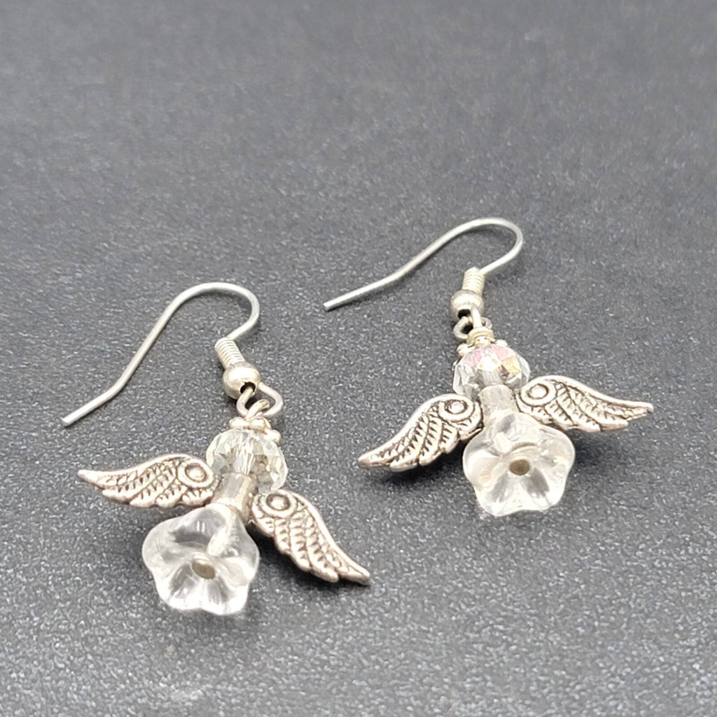 Angel Pierced Earrings Silver tone Glass Beaded Dangle 7/8"