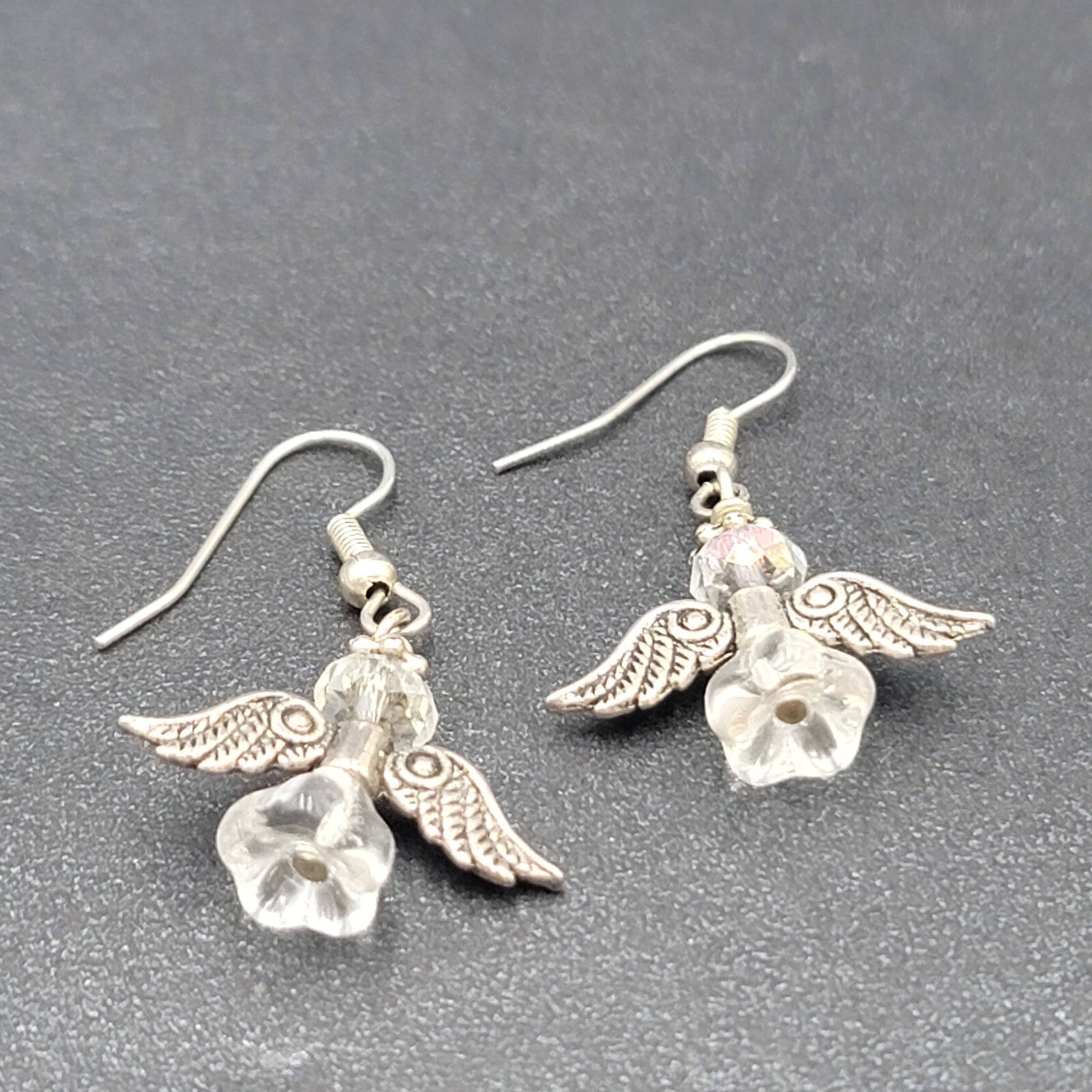 Angel Pierced Earrings Silver tone Glass Beaded Dangle 7/8"