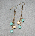 Pierced Earrings Bronze tone Blue Glass Bead Dangle Chains 1.75"