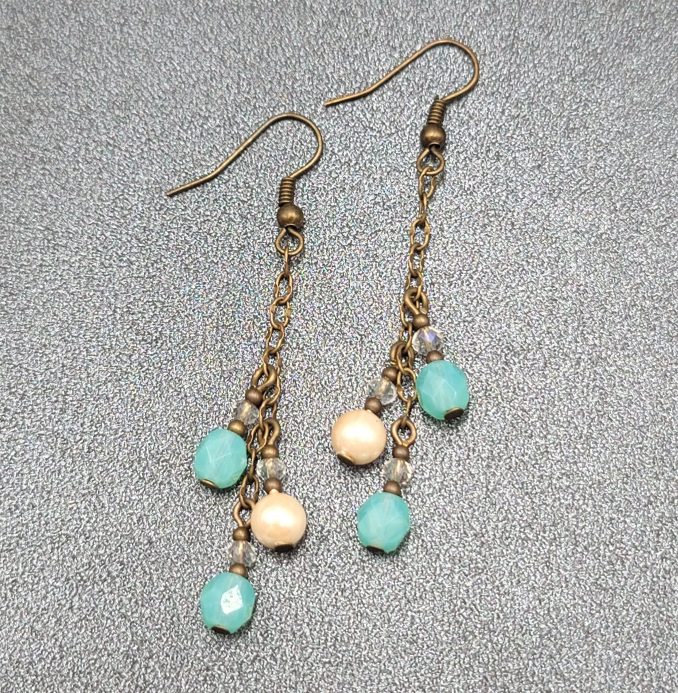 Pierced Earrings Bronze tone Blue Glass Bead Dangle Chains 1.75"