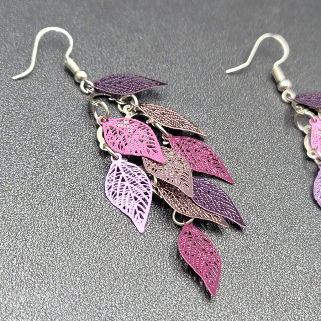 Pierced Earrings Purple Metal Laser Cut Chandelier Dangle 2.5"