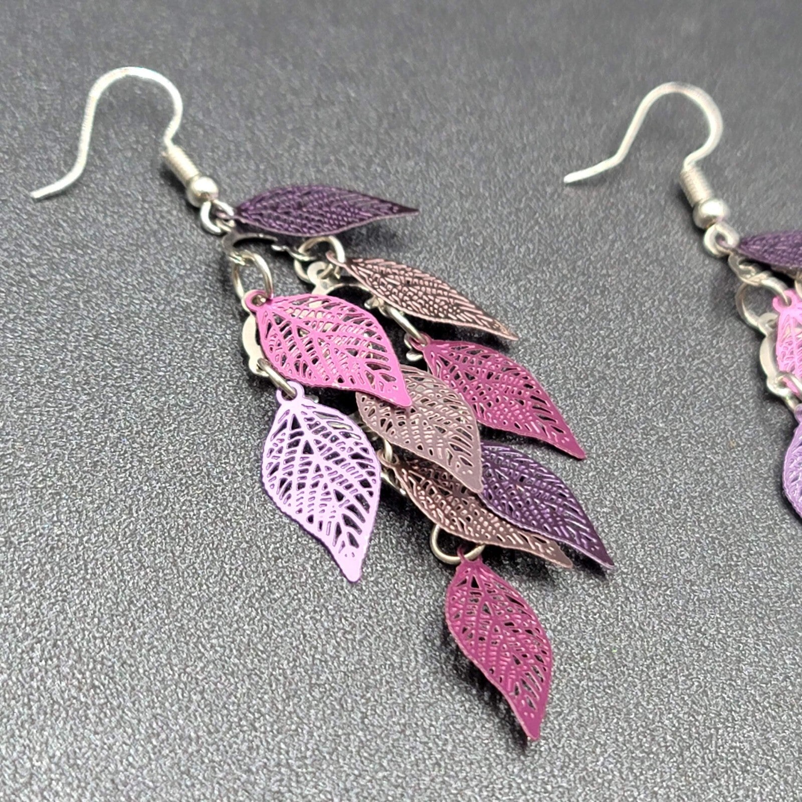 Pierced Earrings Purple Metal Laser Cut Chandelier Dangle 2.5"