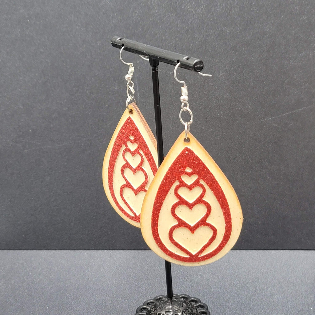 Pierced Earrings Laser Cut Wood Teardrop Red Glitter Hearts Dangle 2.25"