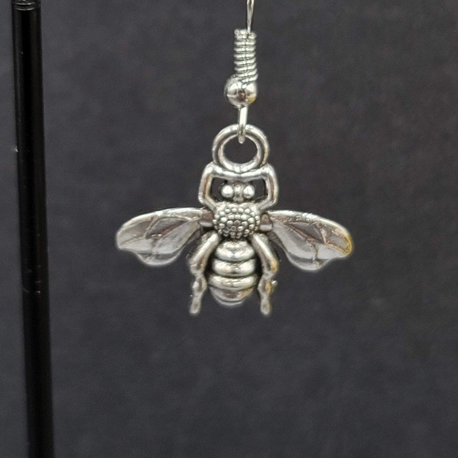 Flying Bee Pierced Earrings Silver tone Dangle 3/4"