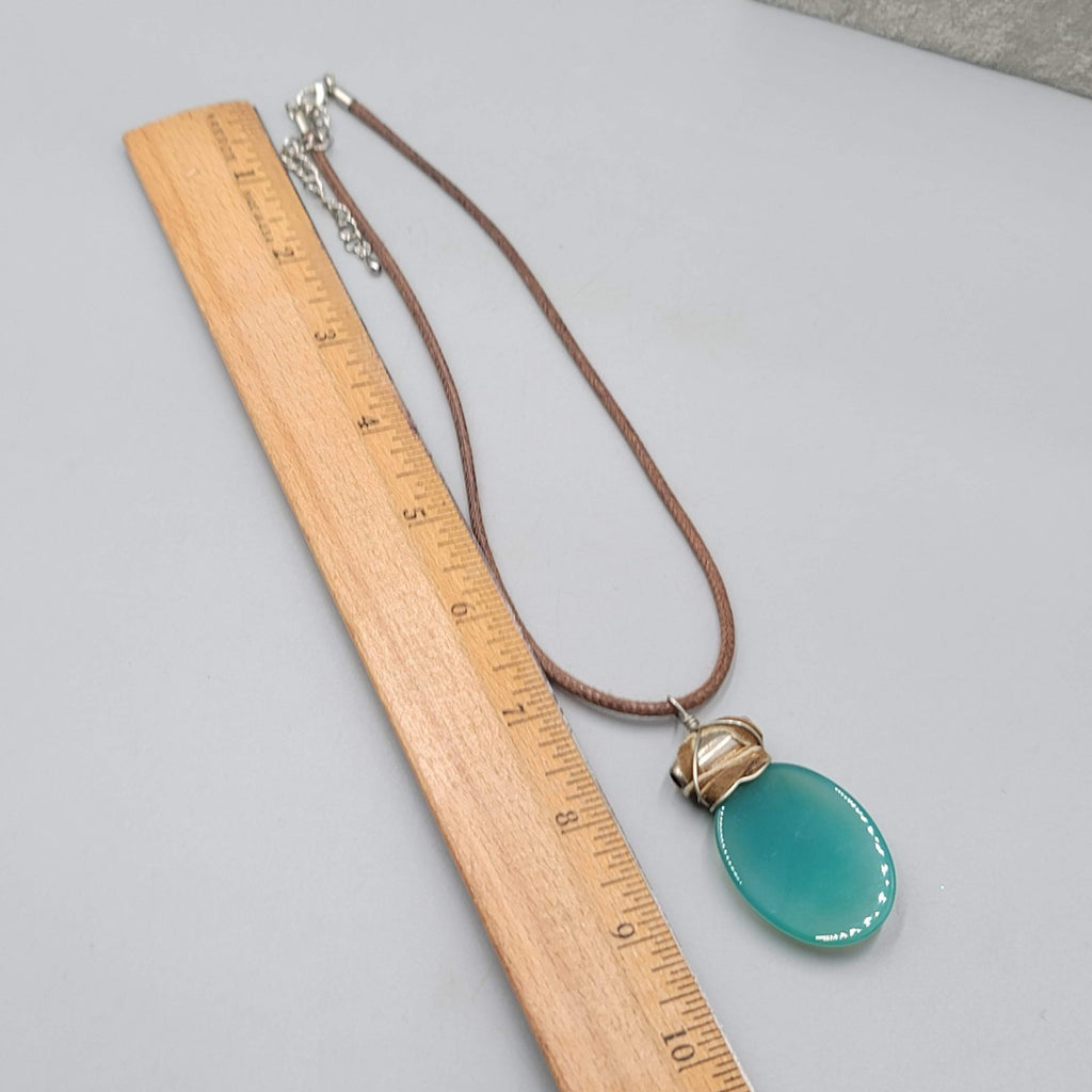 Artisan Boho Hippie Necklace Green Glass Pendant Leather and Brown Cord 16"-18"