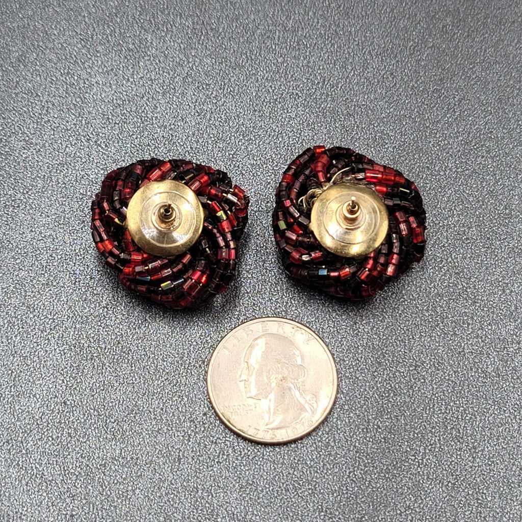 Vintage Pierced Earrings Red Black Seed Bead Cluster Knot 1"