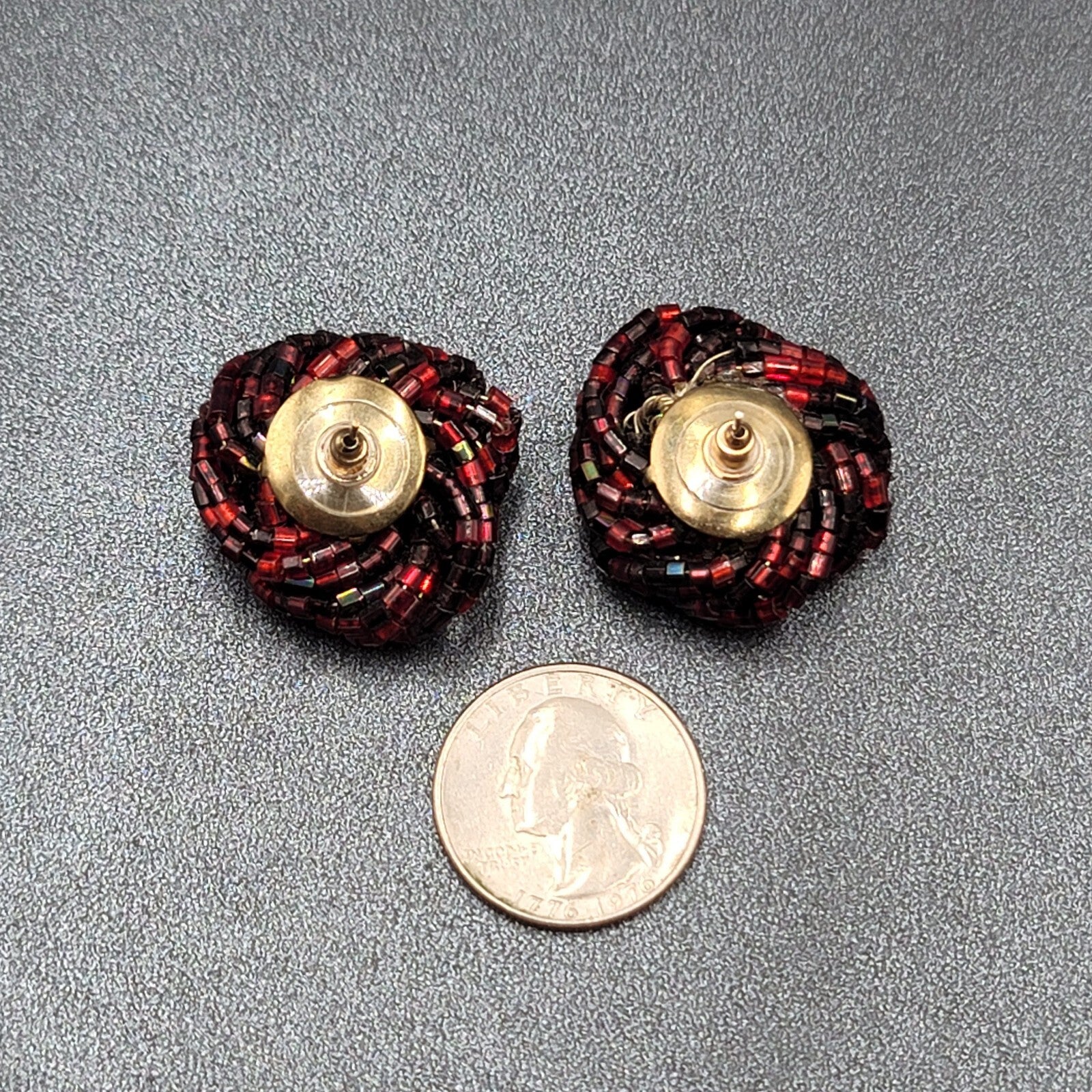 Vintage Pierced Earrings Red Black Seed Bead Cluster Knot 1"