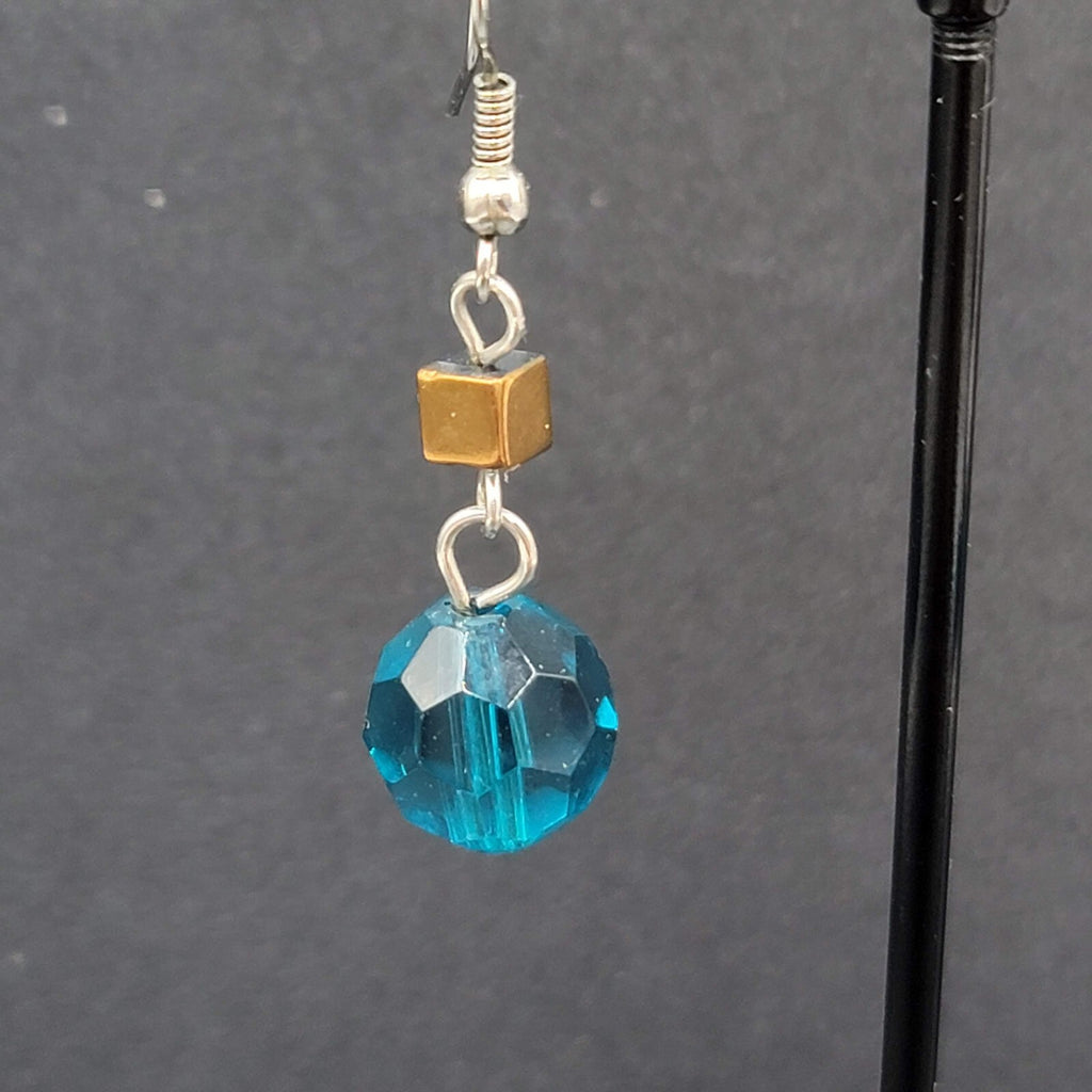 Pierced Earrings 1" Silver tone Blue Bead Copper Square Dangle 1"