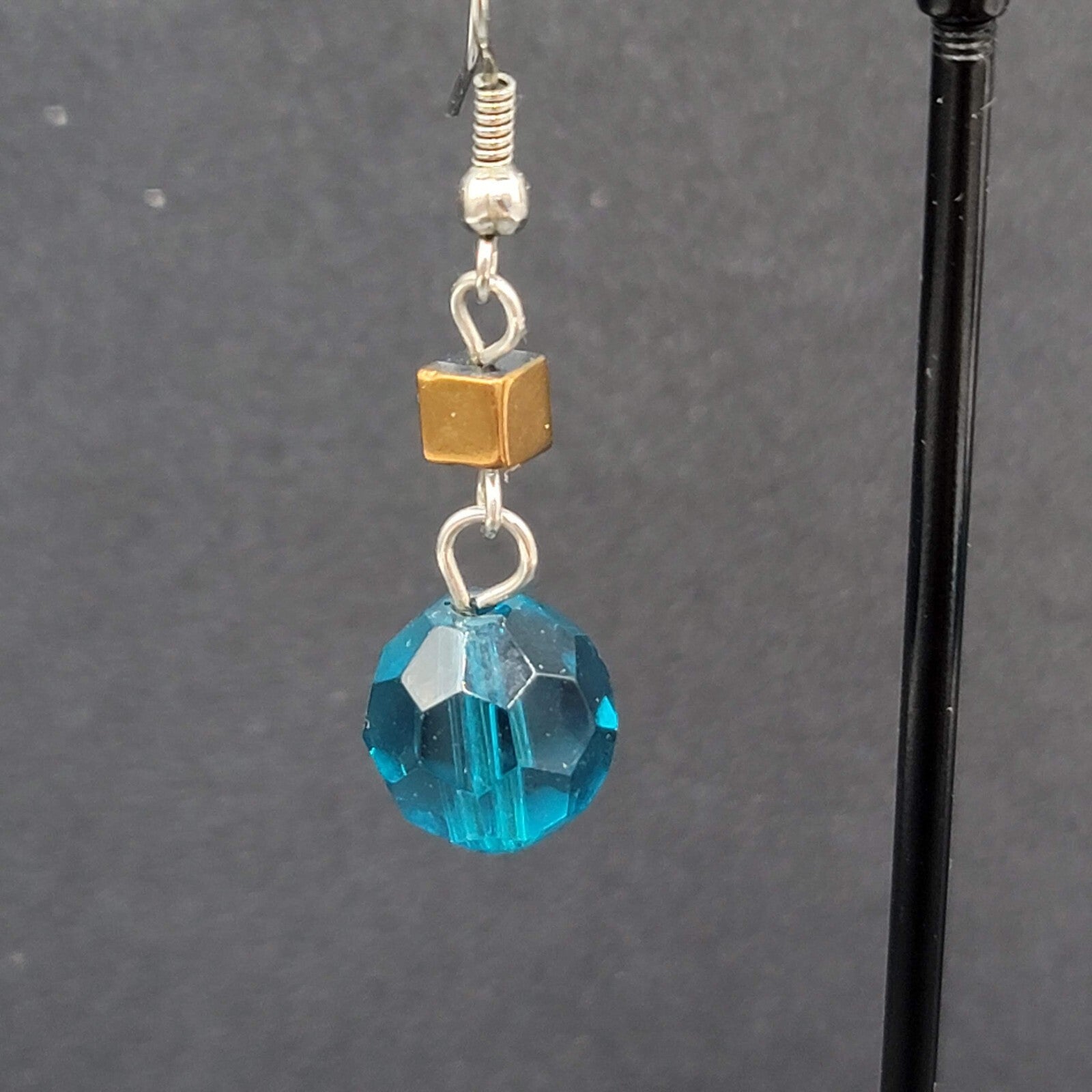 Pierced Earrings 1" Silver tone Blue Bead Copper Square Dangle 1"