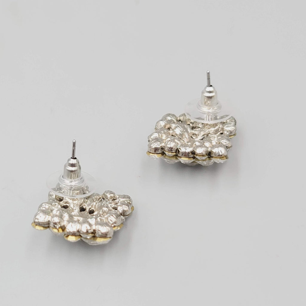 Rhinestone Pierced Earrings Silver tone Square Drop 7/8"