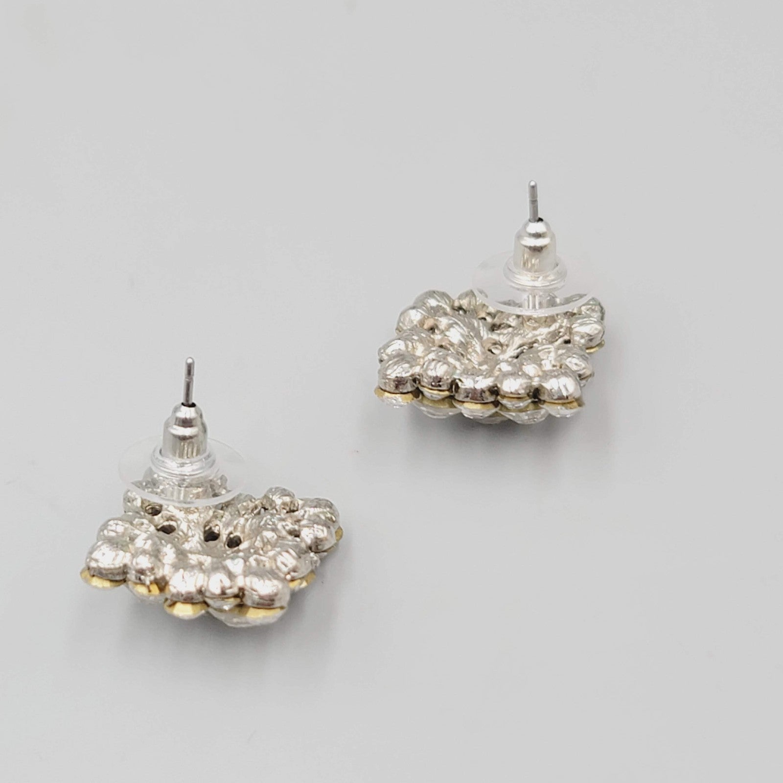 Rhinestone Pierced Earrings Silver tone Square Drop 7/8"