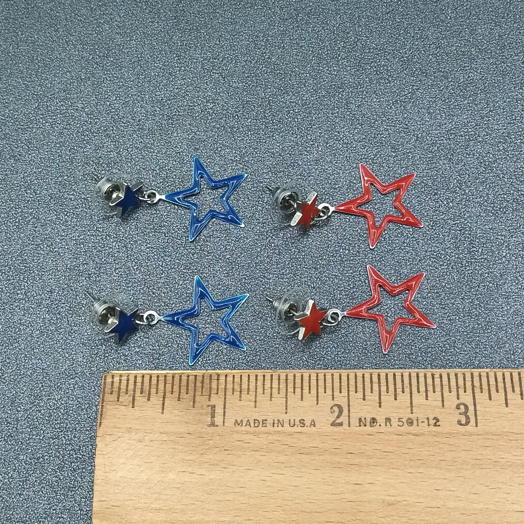 Lot of 2 Pairs Pierced Earrings Red Blue Enamel Silver tone Star Dangle 1 1/4"