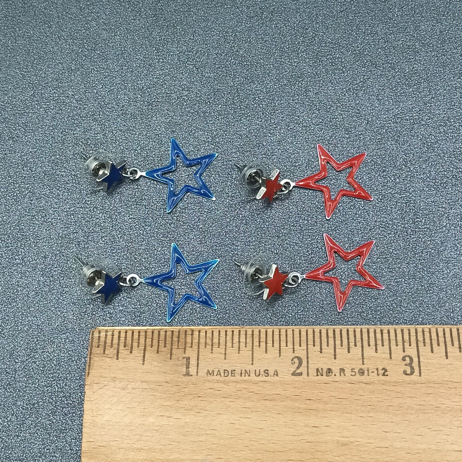 Lot of 2 Pairs Pierced Earrings Red Blue Enamel Silver tone Star Dangle 1 1/4"