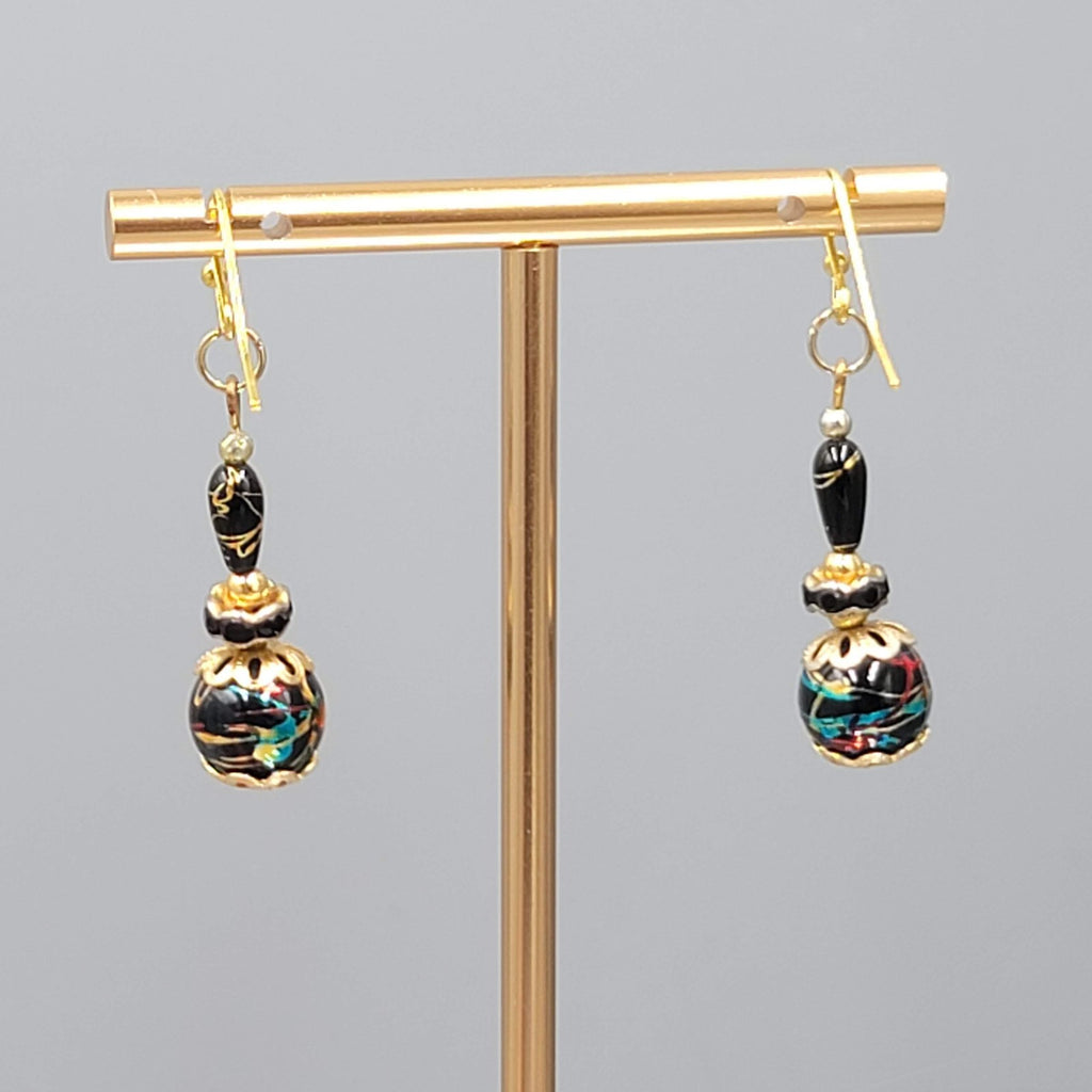Black Bead Color Splatter Pierced Earrings Gold tone Dangle 1.5"