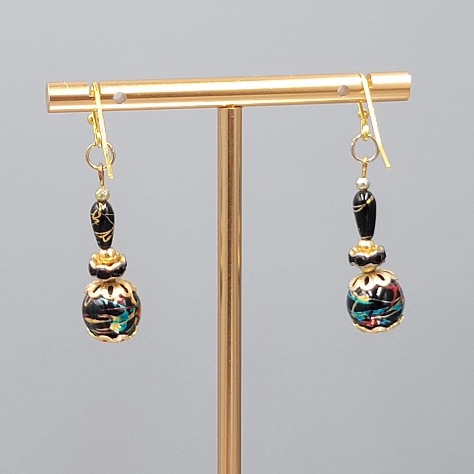 Black Bead Color Splatter Pierced Earrings Gold tone Dangle 1.5"