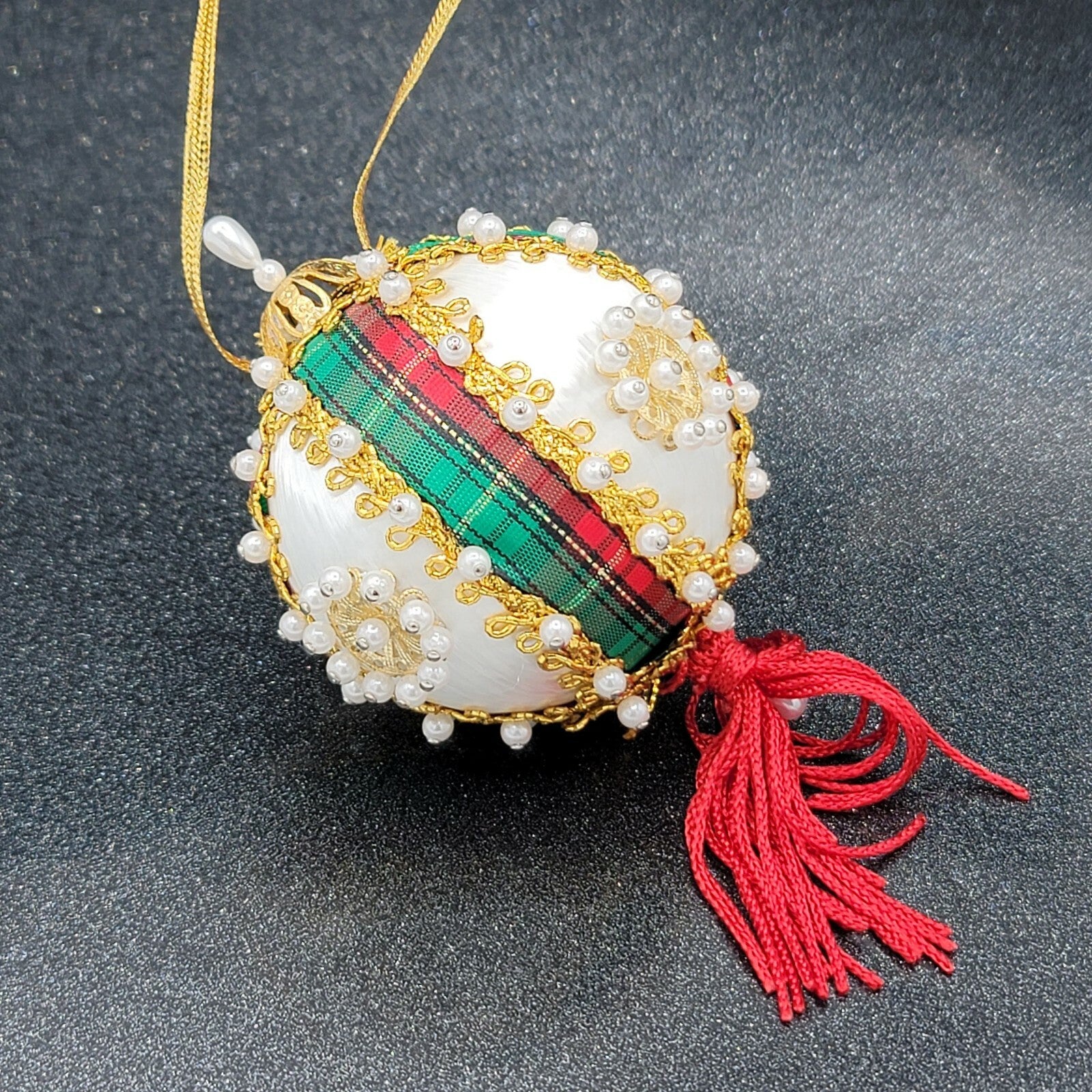 Vintage White Spun Satin Pearl Push Pin Christmas Ornament Velvet Ribbon Bead 4"