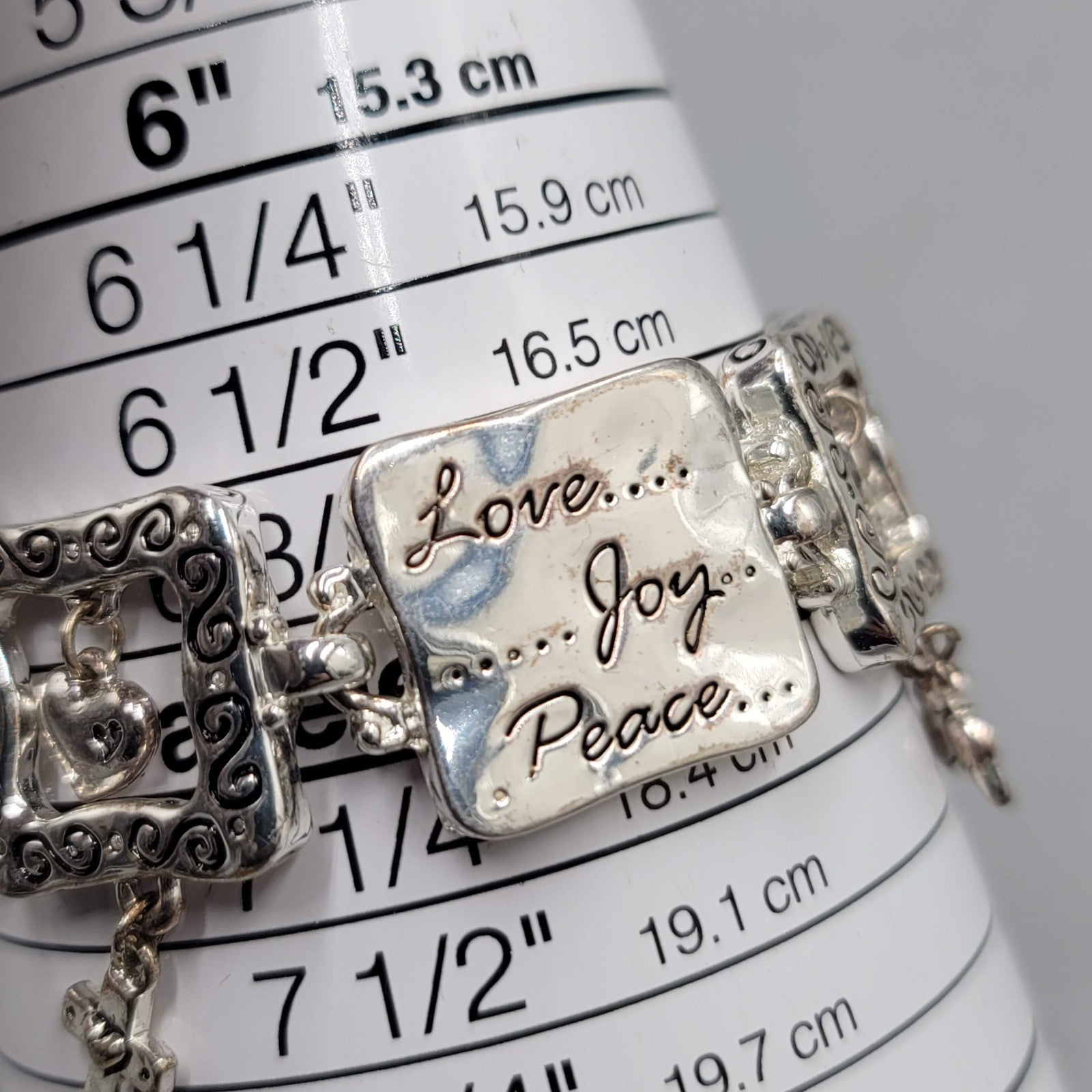 Love Joy Peace Panel Bracelet Silver tone Patience Kind Goodness 7 in