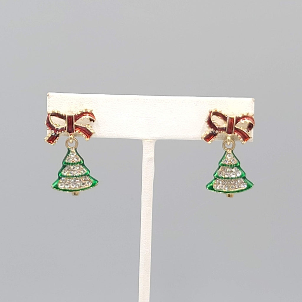Christmas Tree Enamel Rhinestone Pierced Earrings Gold tone Dangle 1"
