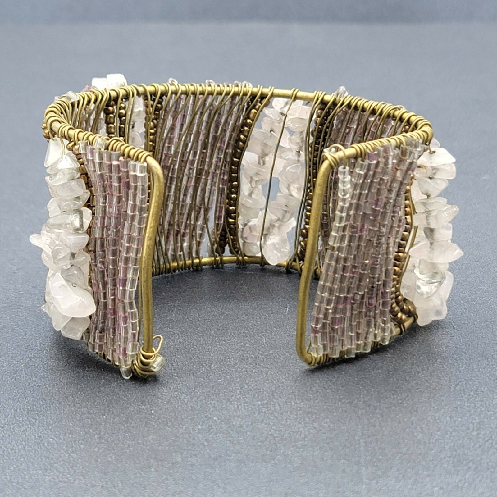 CHUNKY Urban Artisanal Metal Wire Wrapped Wide Cuff Bracelet Quartz Beads