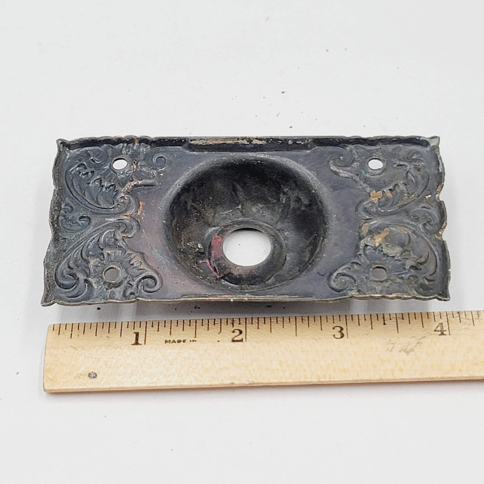 Antique Copper Door Bell Back Plate Ornate  4 in x 2 in