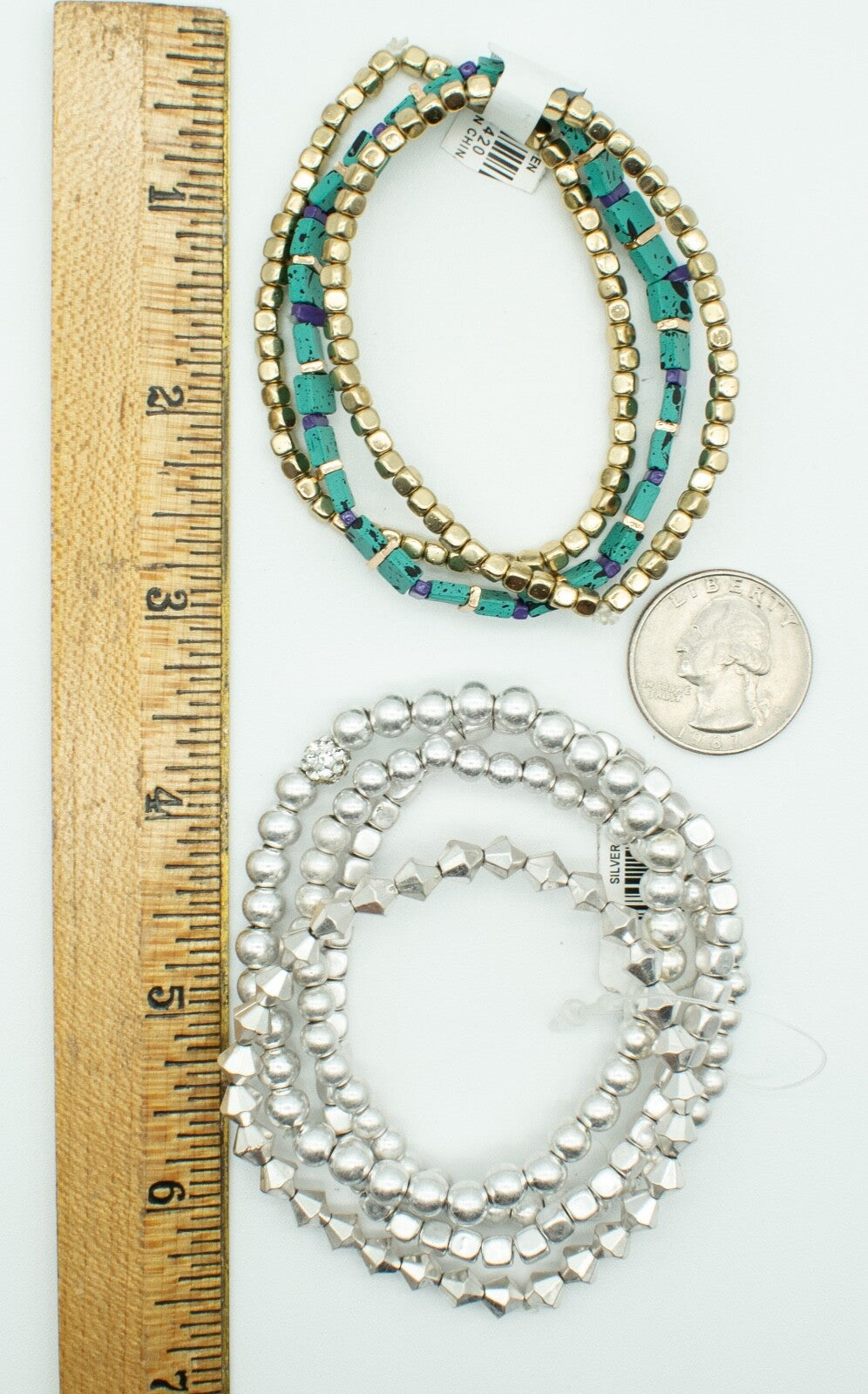 Beaded Elastic Bracelet Lot of 7 Silver tone Layered Gold tone Blue Beads NWT