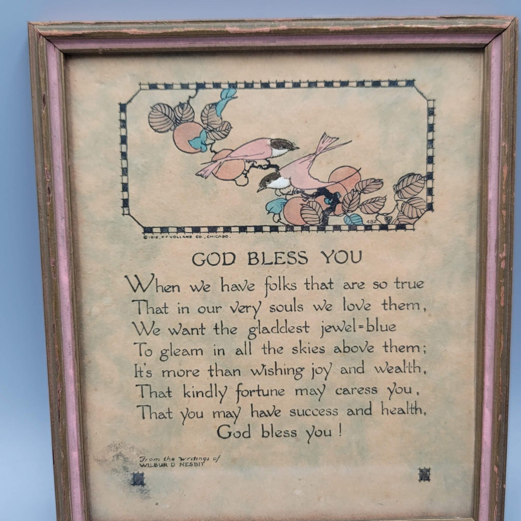 Vintage Ephemera Framed Wilbur Nesbit Birds Gold Bless You Prayer 6.5"x5.5"