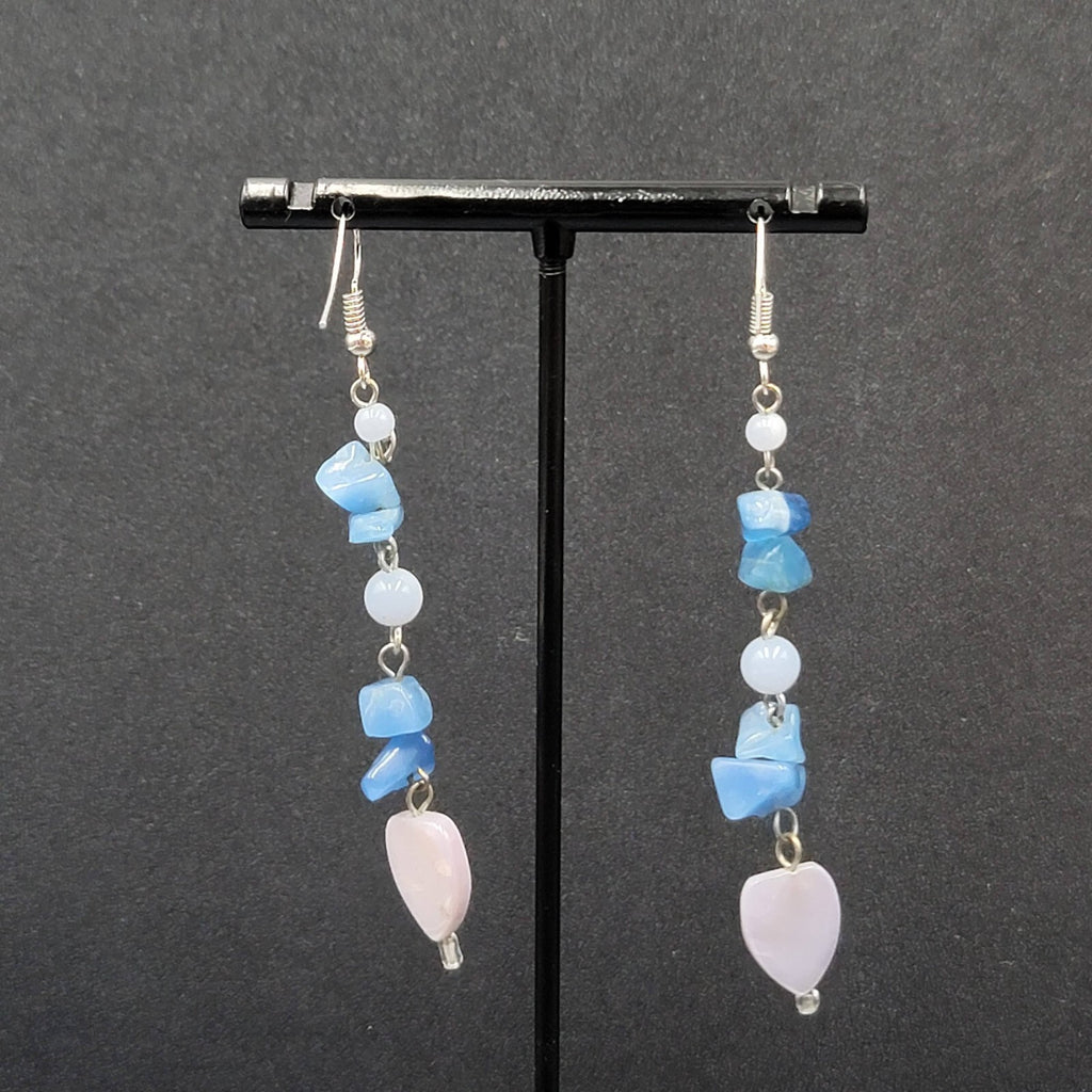 Pierced Earrings Blue Stone Chip Bead Dangle Silver tone 2.75"