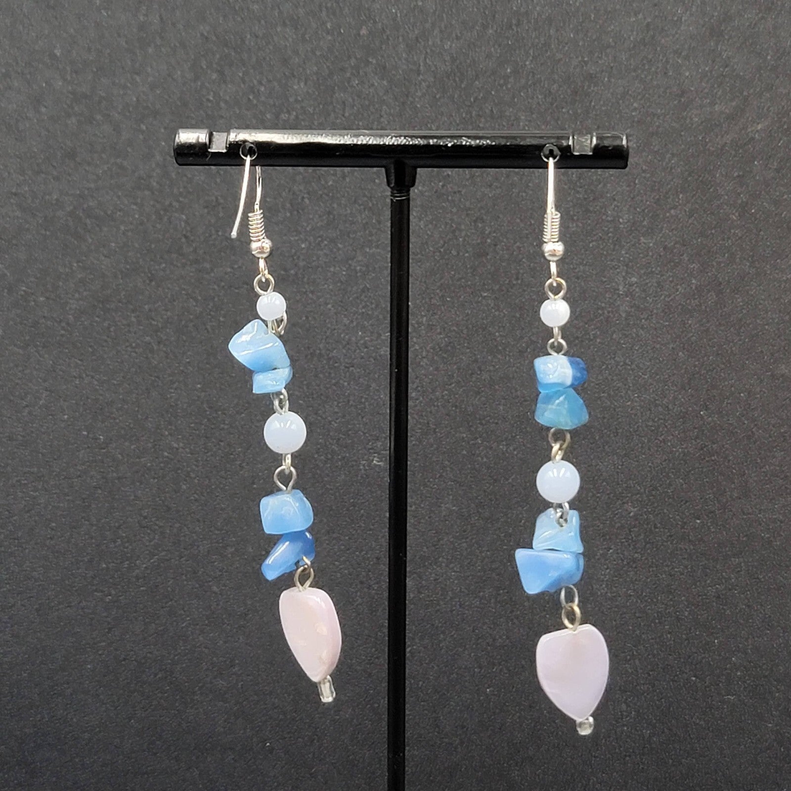 Pierced Earrings Blue Stone Chip Bead Dangle Silver tone 2.75"