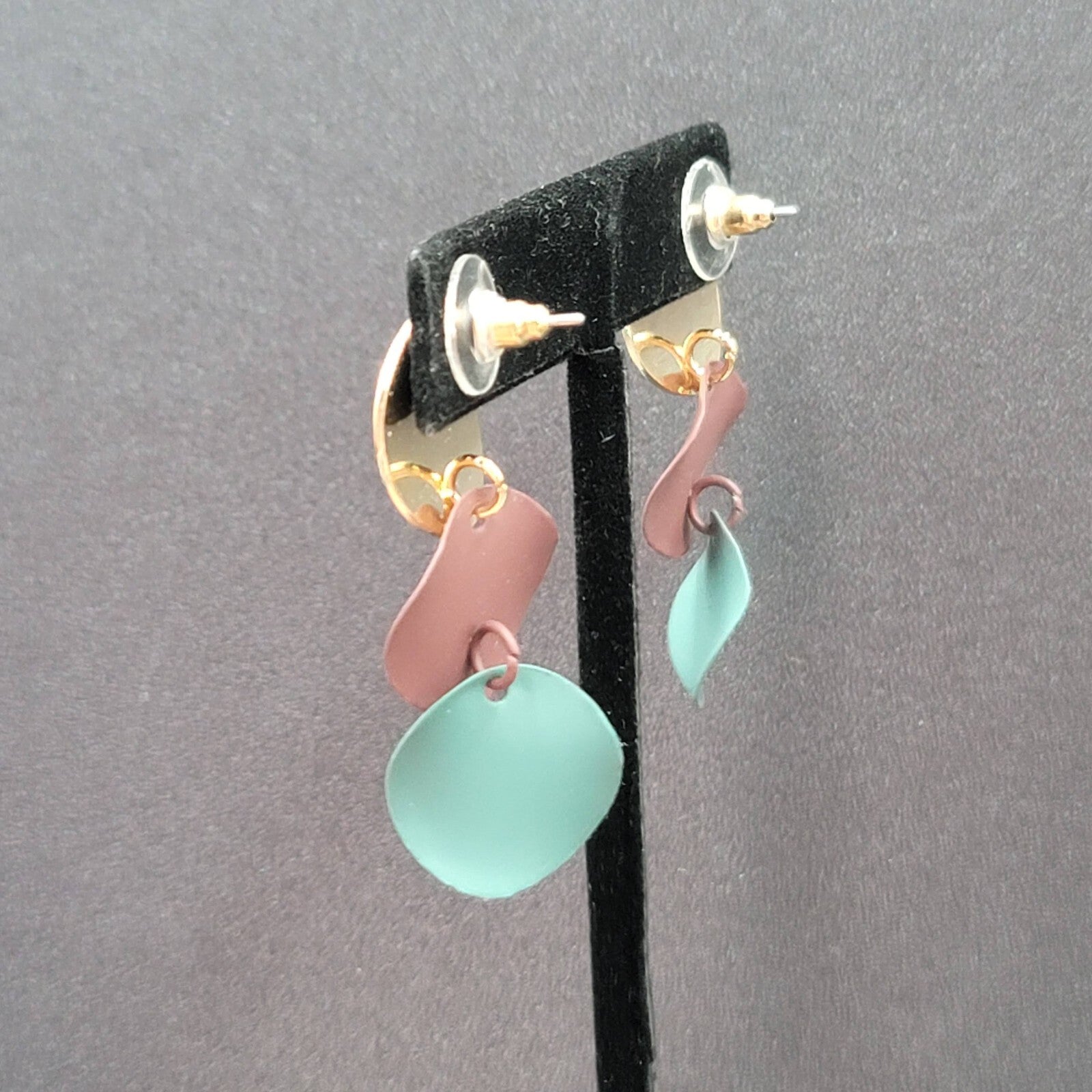 Pierced Earrings Gold tone Merlot Sage Enamel Dangle Discs 1 5/8"