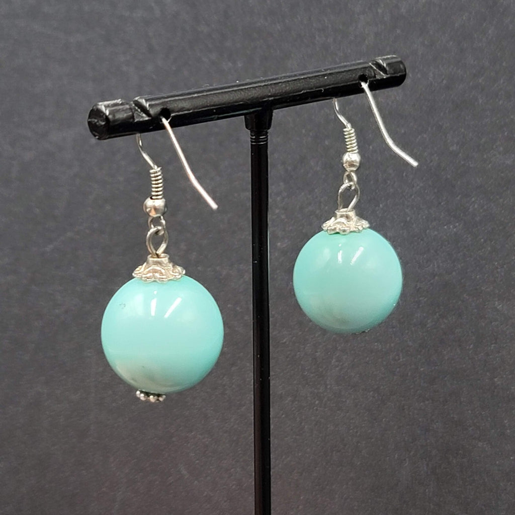 Pierced Earrings Silver tone Baby Blue Round Bead Dangle 1"