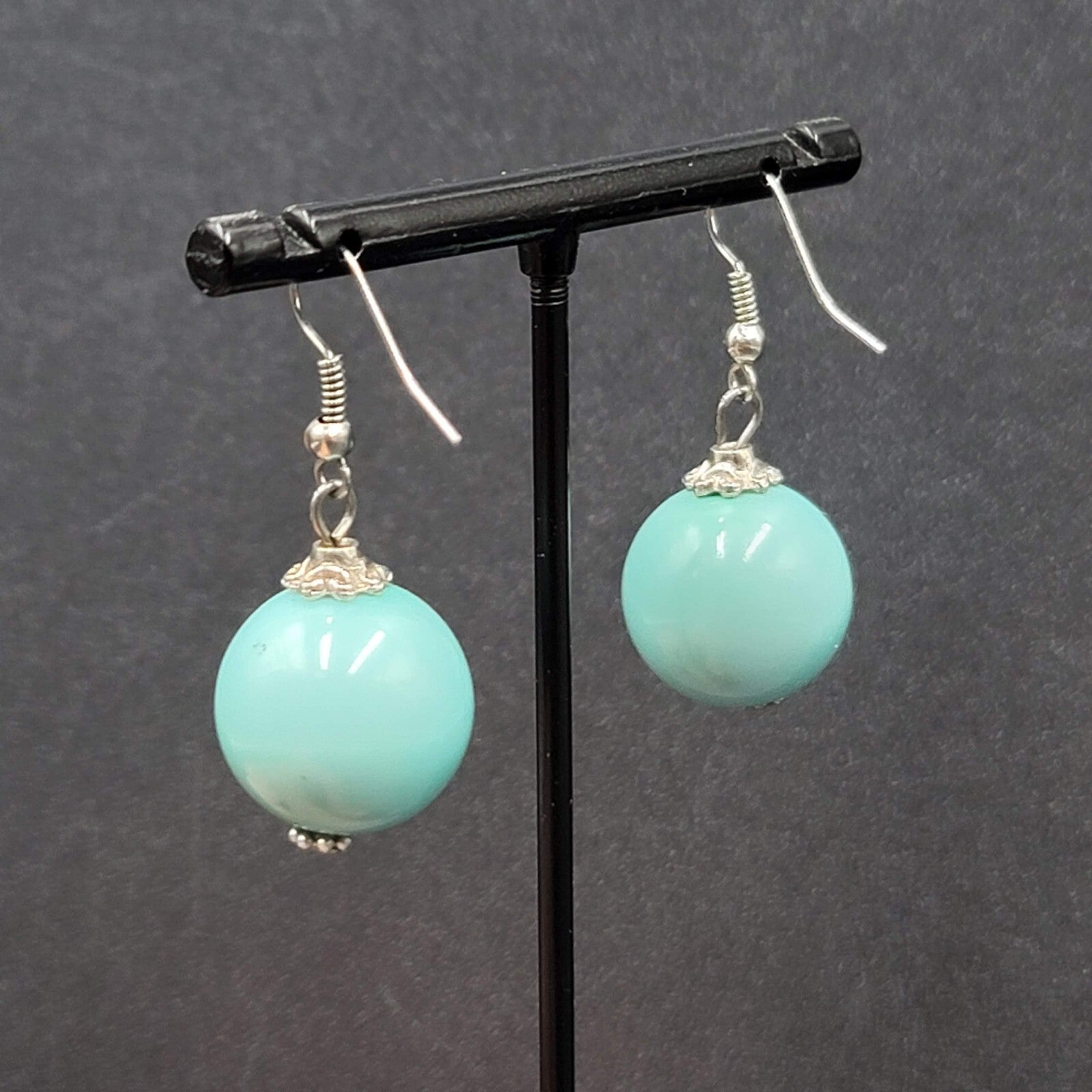 Pierced Earrings Silver tone Baby Blue Round Bead Dangle 1"