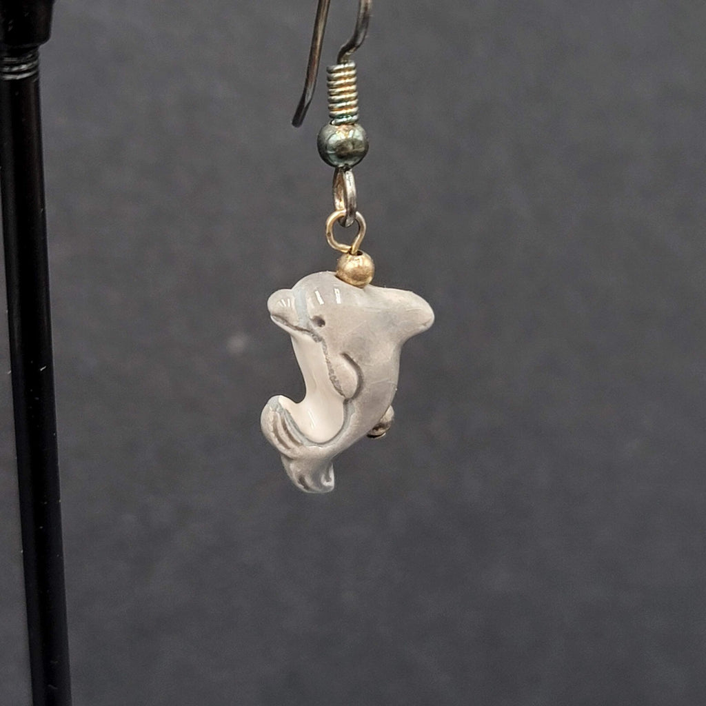 Pierced Earrings Porcelain Dolphin Dangle So Cute! 3/4"