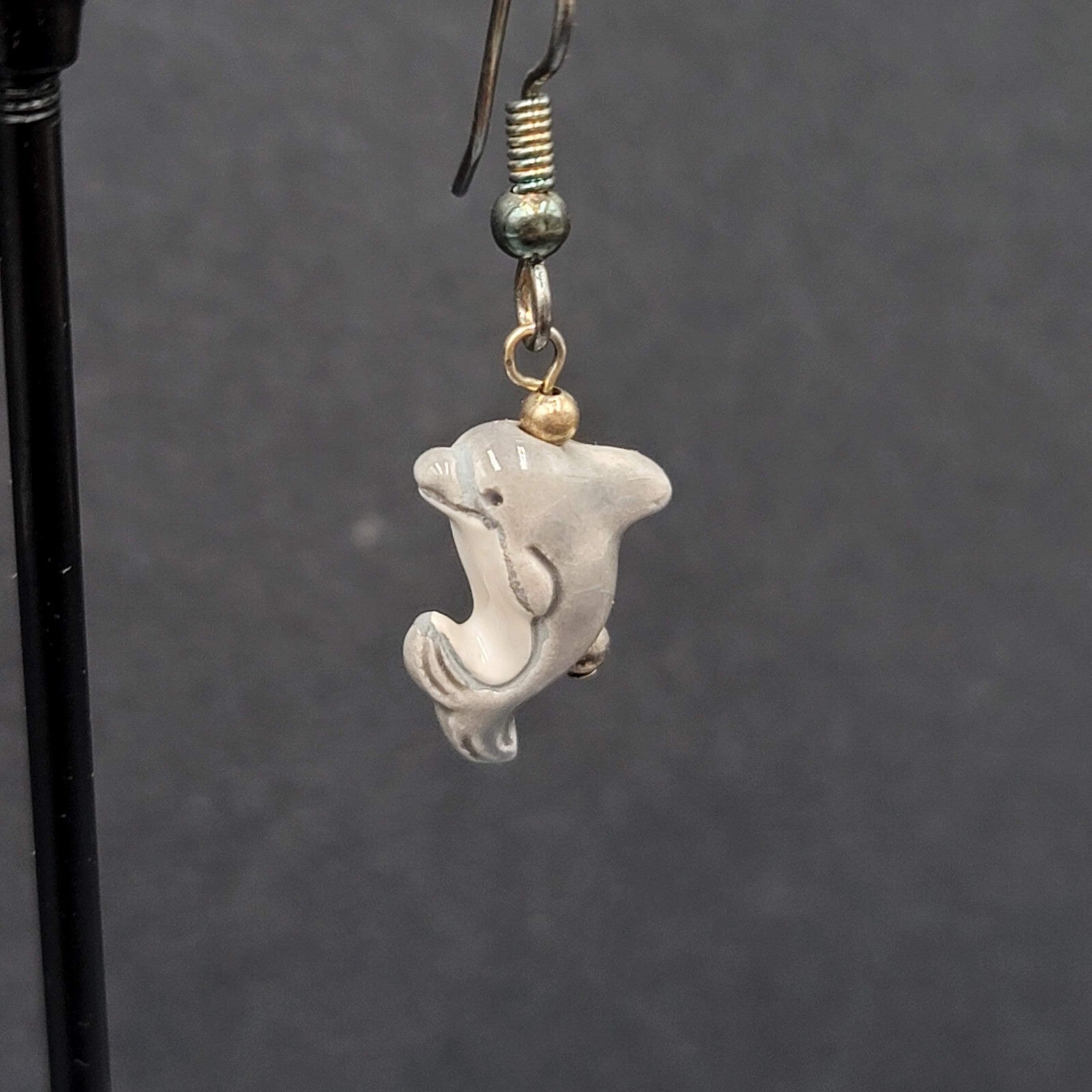 Pierced Earrings Porcelain Dolphin Dangle So Cute! 3/4"