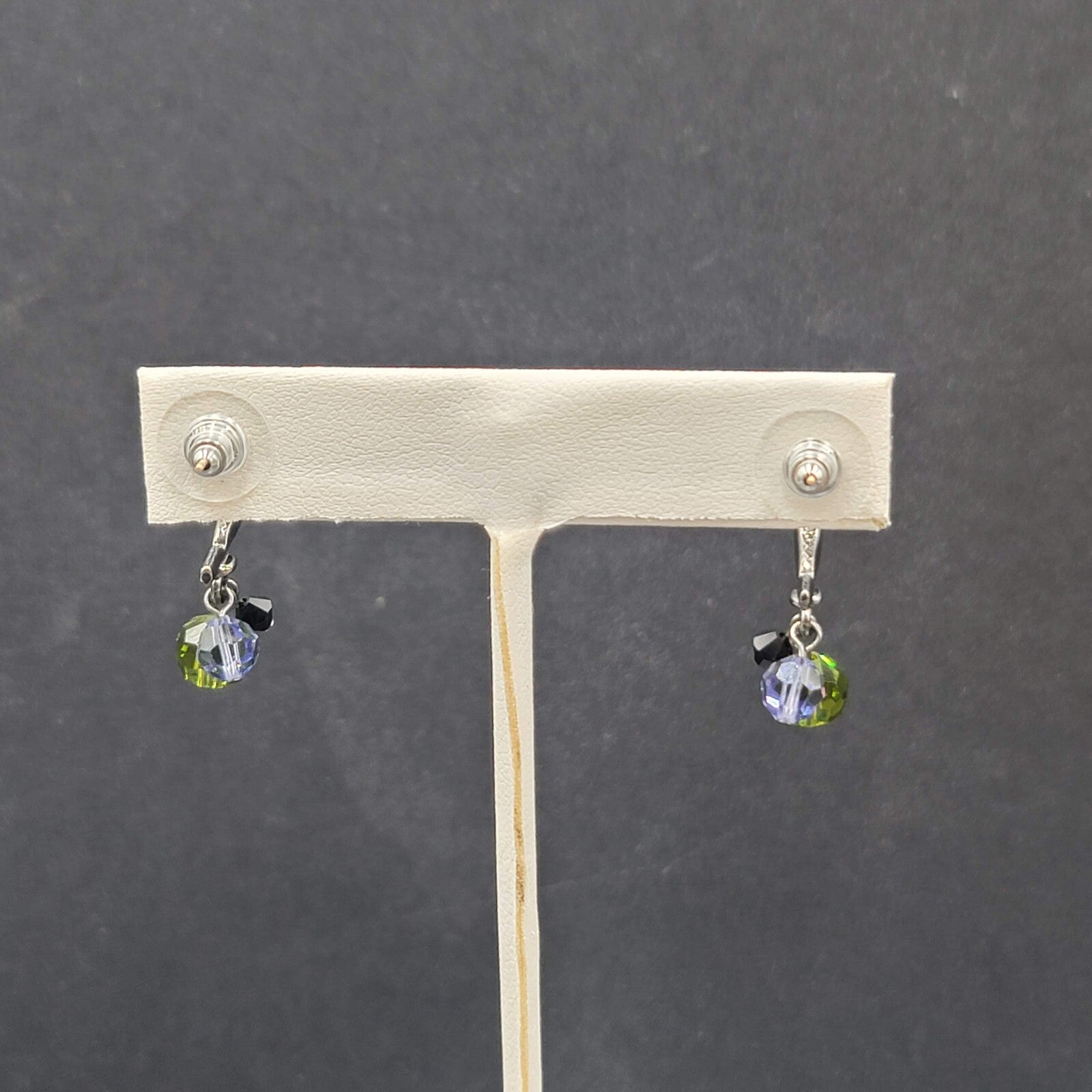 Pierced Earrings Black Metal Green Purple Faceted Bead Dangle Hoops 1"