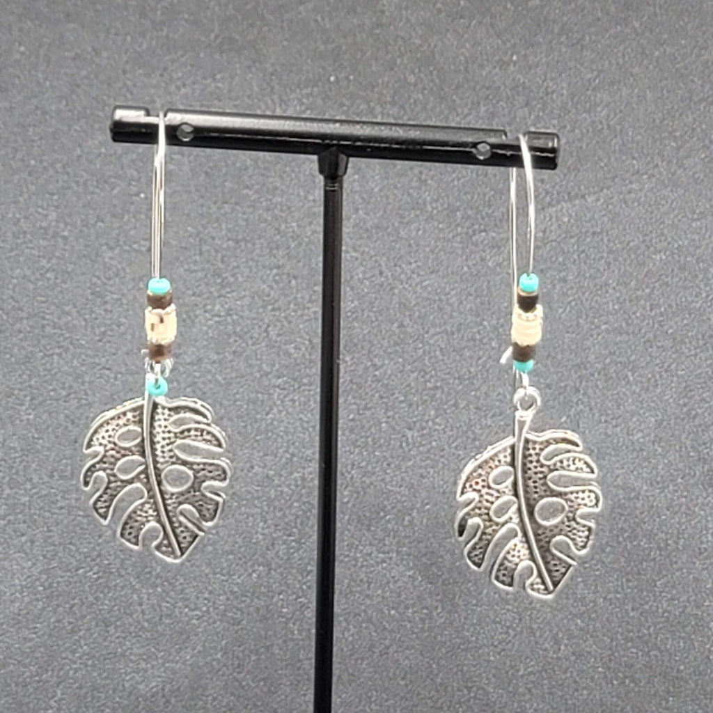 Pierced Earrings Silver tone Leaf Beaded Dangle 2.25"