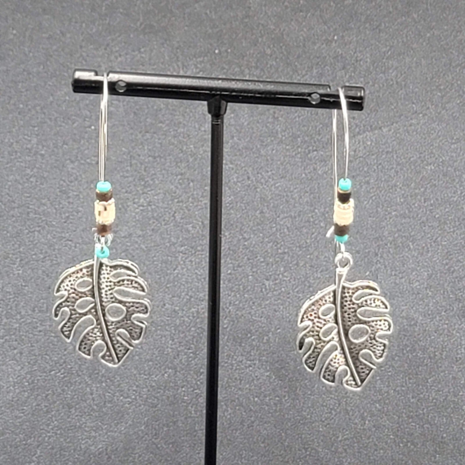 Pierced Earrings Silver tone Leaf Beaded Dangle 2.25"